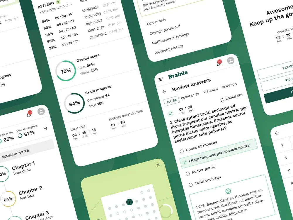 Brainie attempts history, answer review and account settings