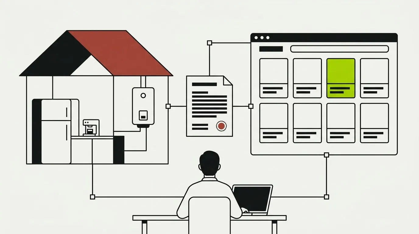 A home with its appliances, an online warranty shop and the contract that connects them