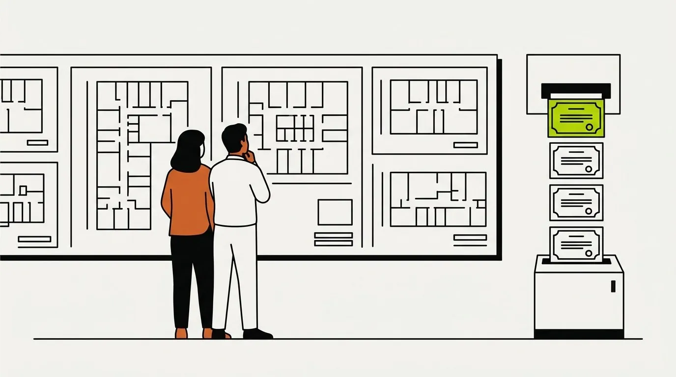 Two people reviewing building floor plans while training certificates are issued automatically