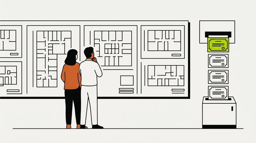 Two people reviewing building floor plans while training certificates are issued automatically
