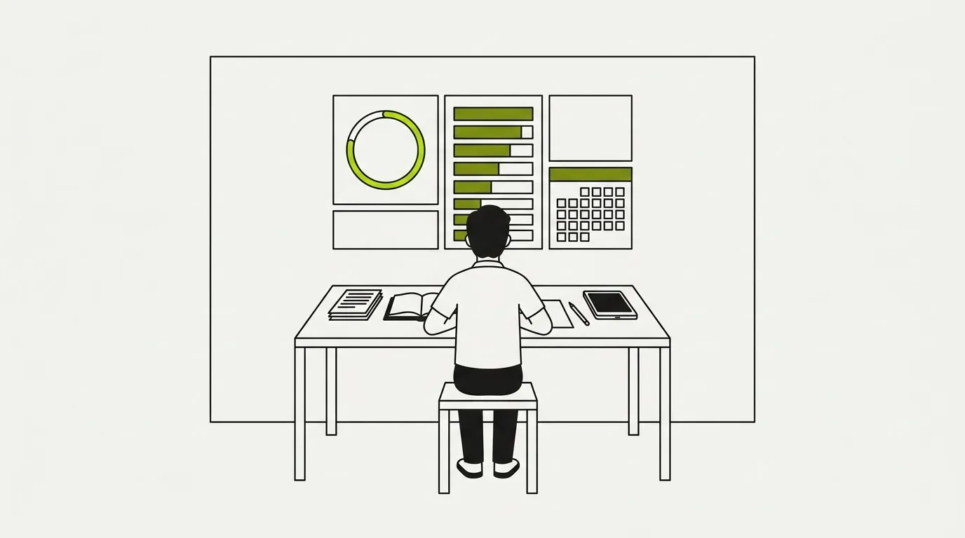 A student working through a course against a dashboard of progress, chapters and an exam date