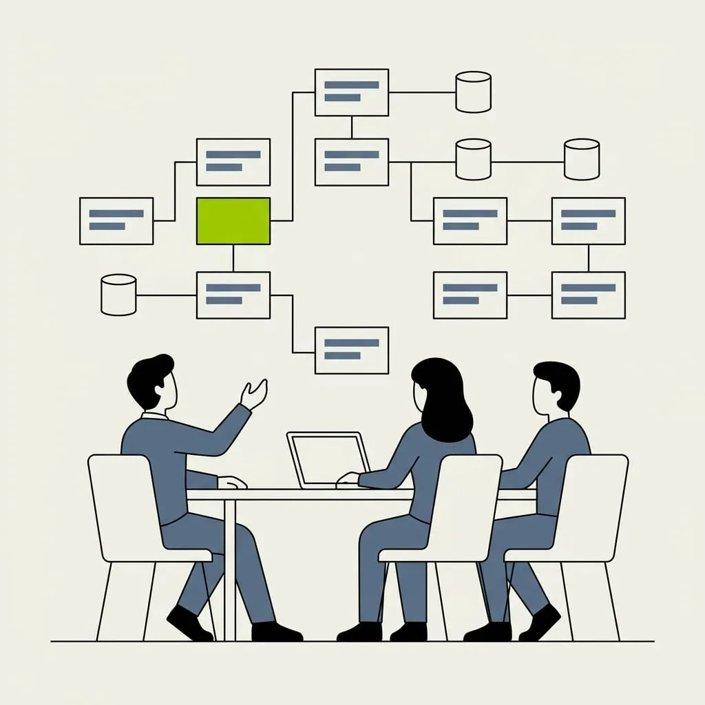 Two consultants sitting with an operations manager, tracing a process map on the wall beside them