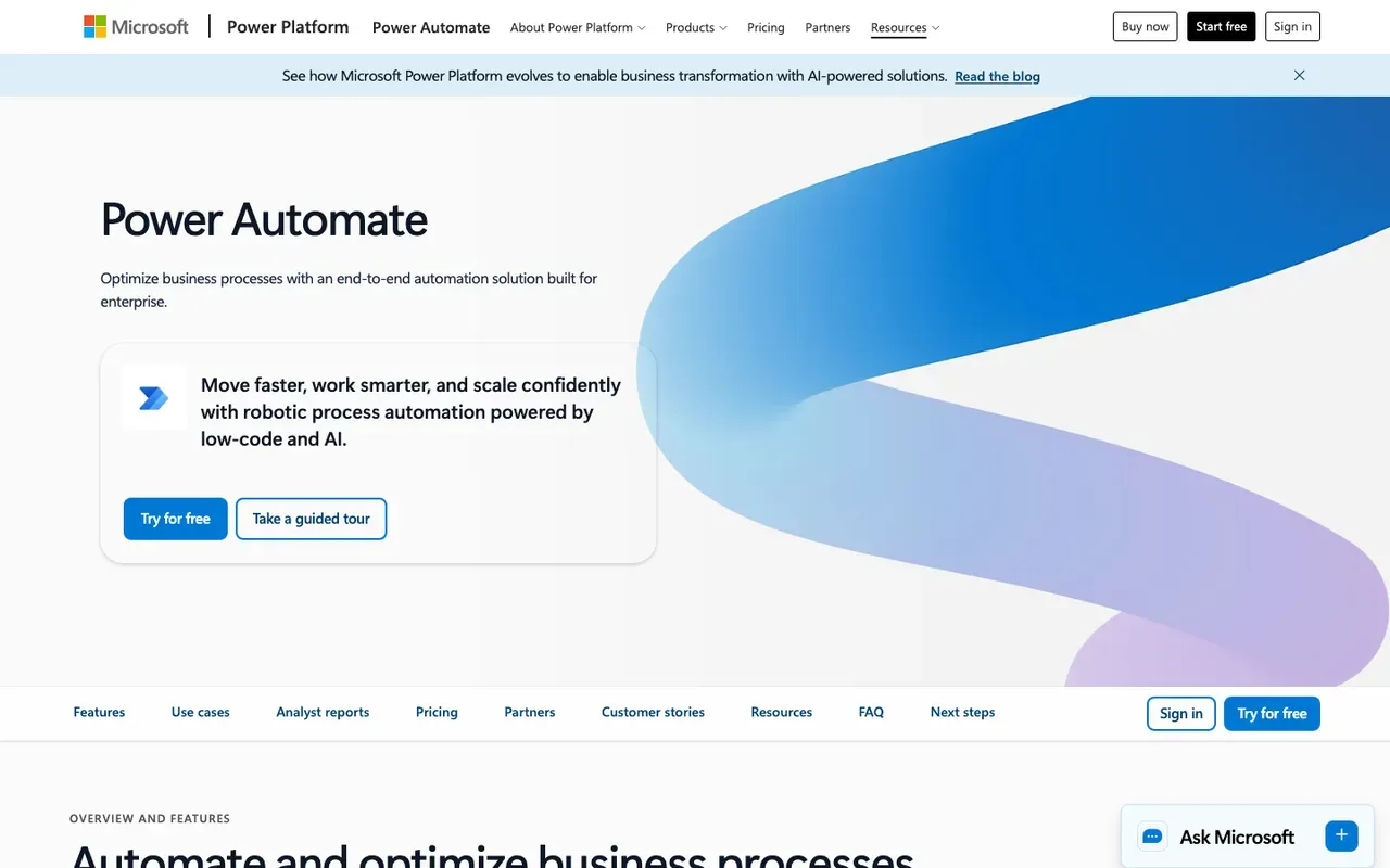 Microsoft Power Automate homepage
