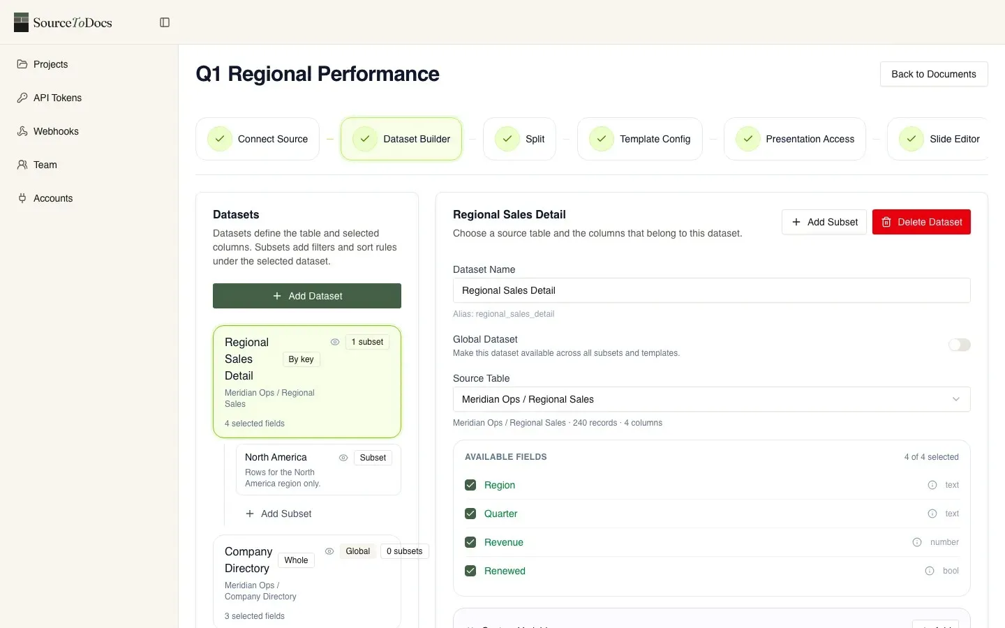 SourceToDocs dataset builder, choosing the Airtable table and fields a document reads, shown with demo data